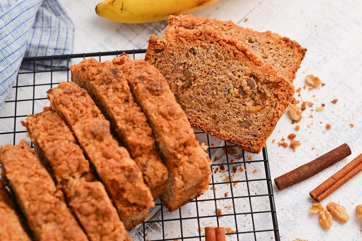 cross view of sliced banana nut bread