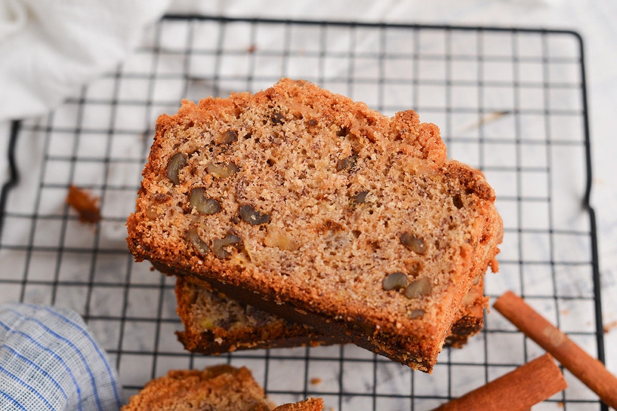 stack of sliced banana walnut bread