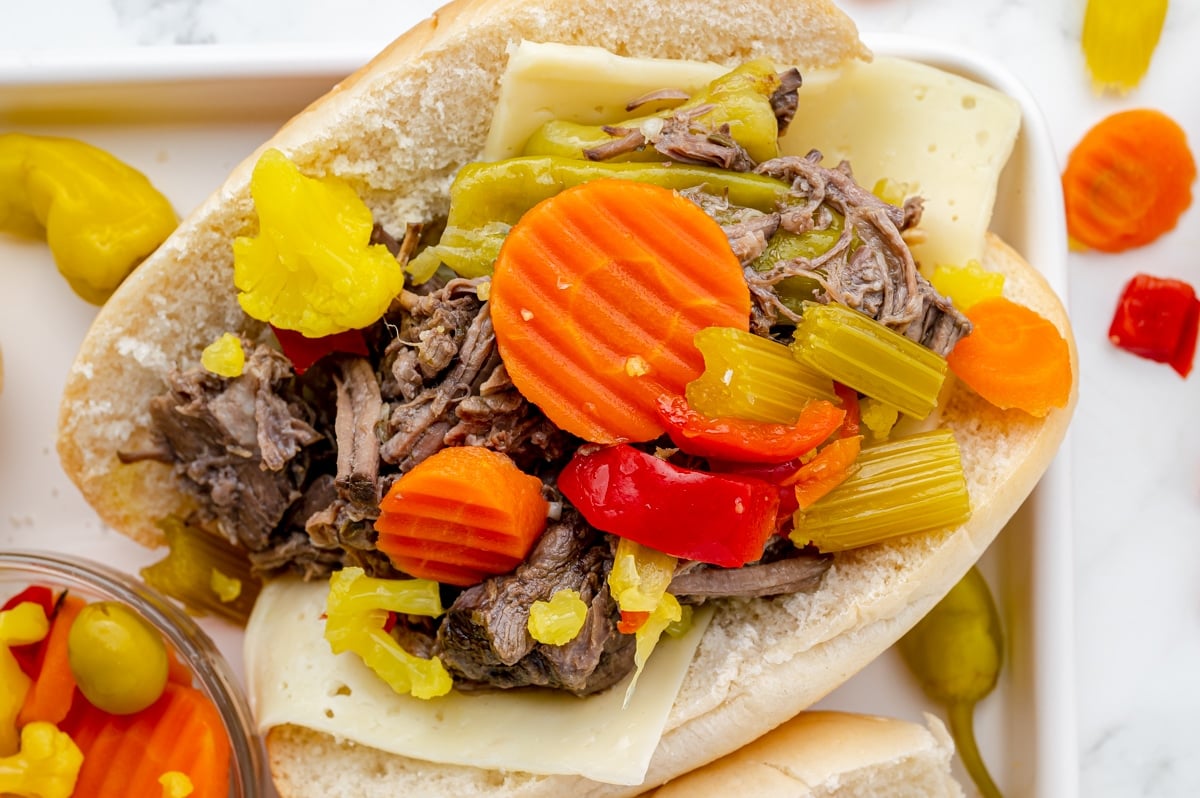 overhead shot of italian beef sandwich on tray