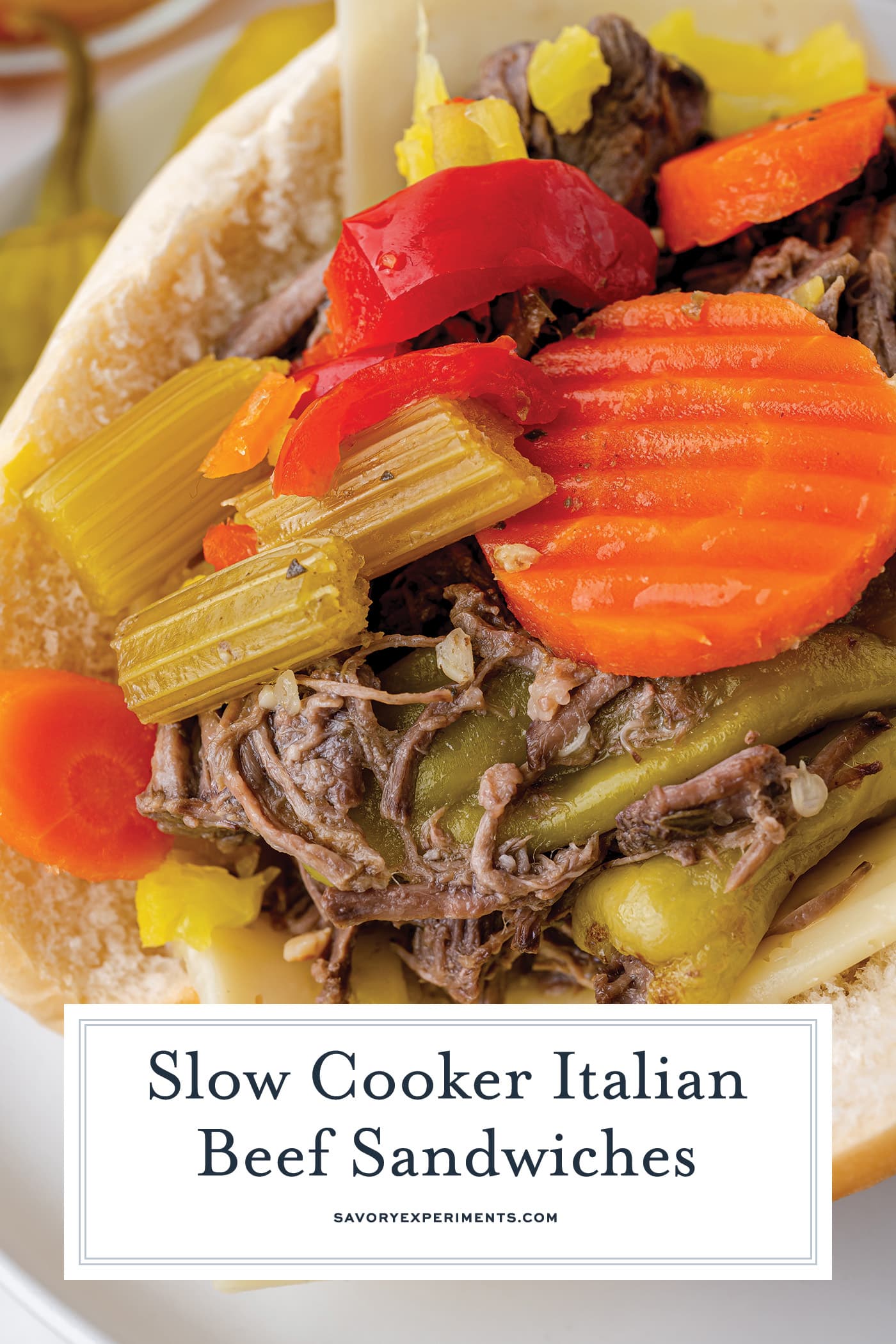 close up of italian beef sandwich with text overlay for pinterest