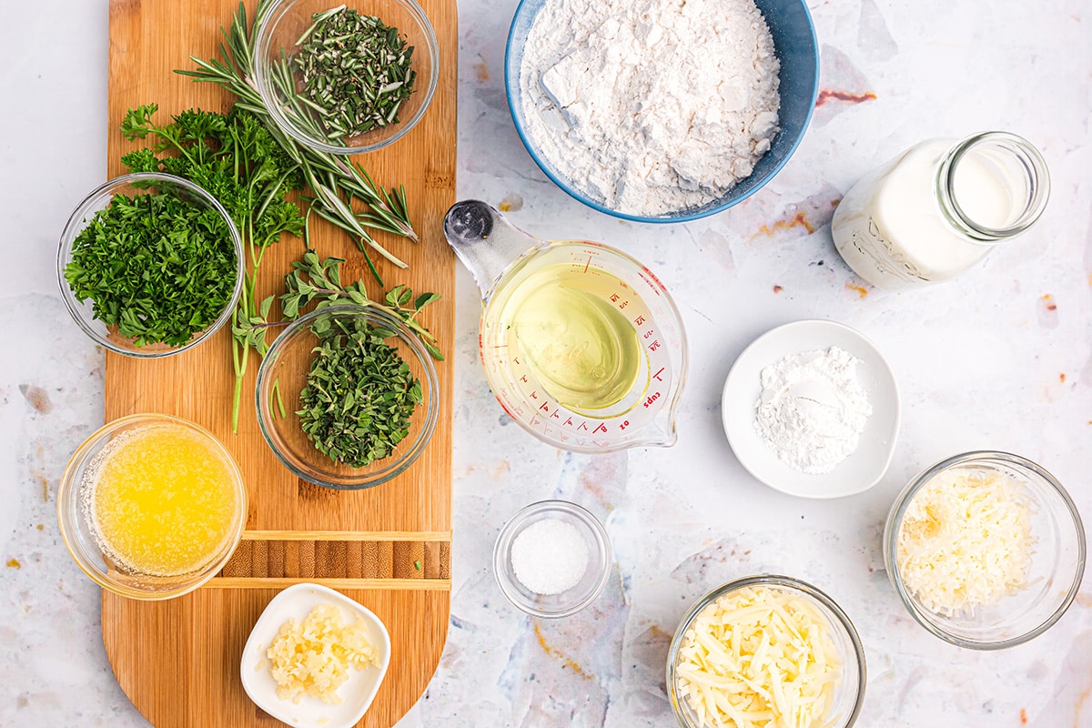 overhead shot of cheese herb biscuits ingredients