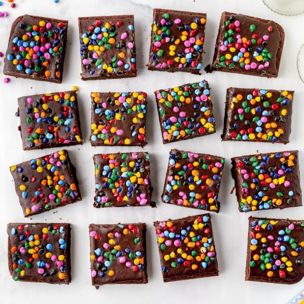 overhead shot of sliced cosmic brownies