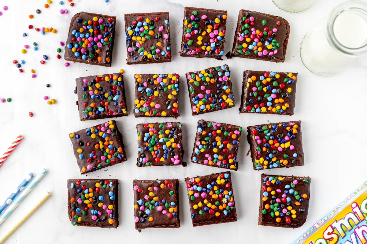 overhead shot of sliced cosmic brownies