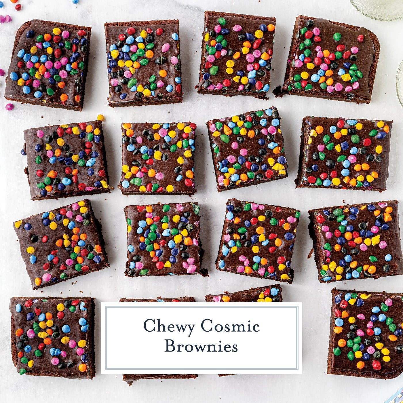 overhead shot of sliced cosmic brownies with text overlay for facebook