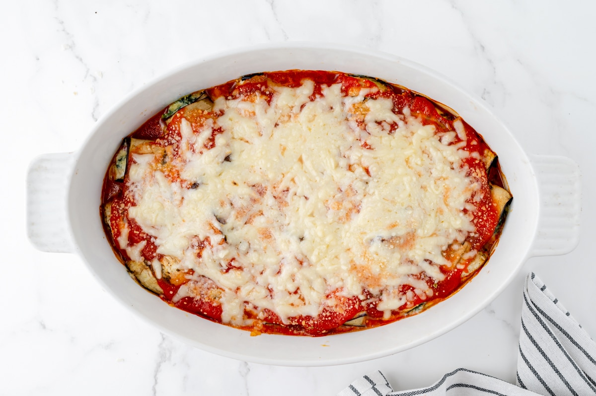 overhead shot of baked eggplant rollatini