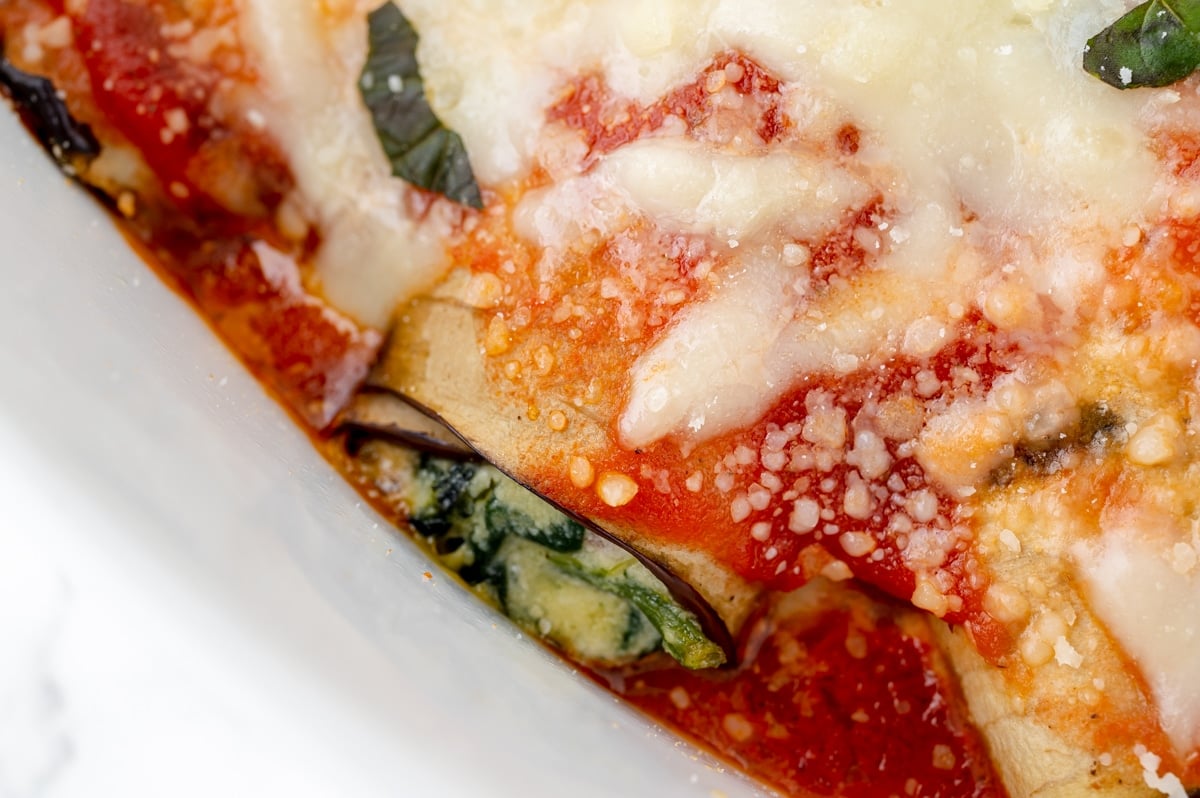 close up overhead shot of eggplant rollatini