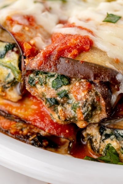 angled shot of rolled stuffed eggplant