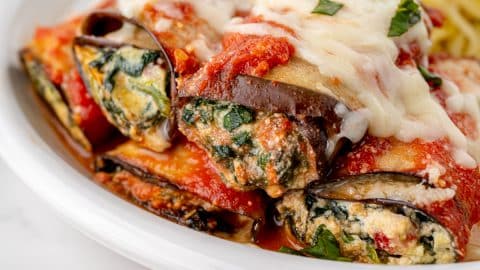 angled shot of rolled stuffed eggplant