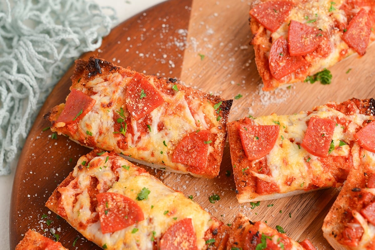 close up of slices of french bread pizza