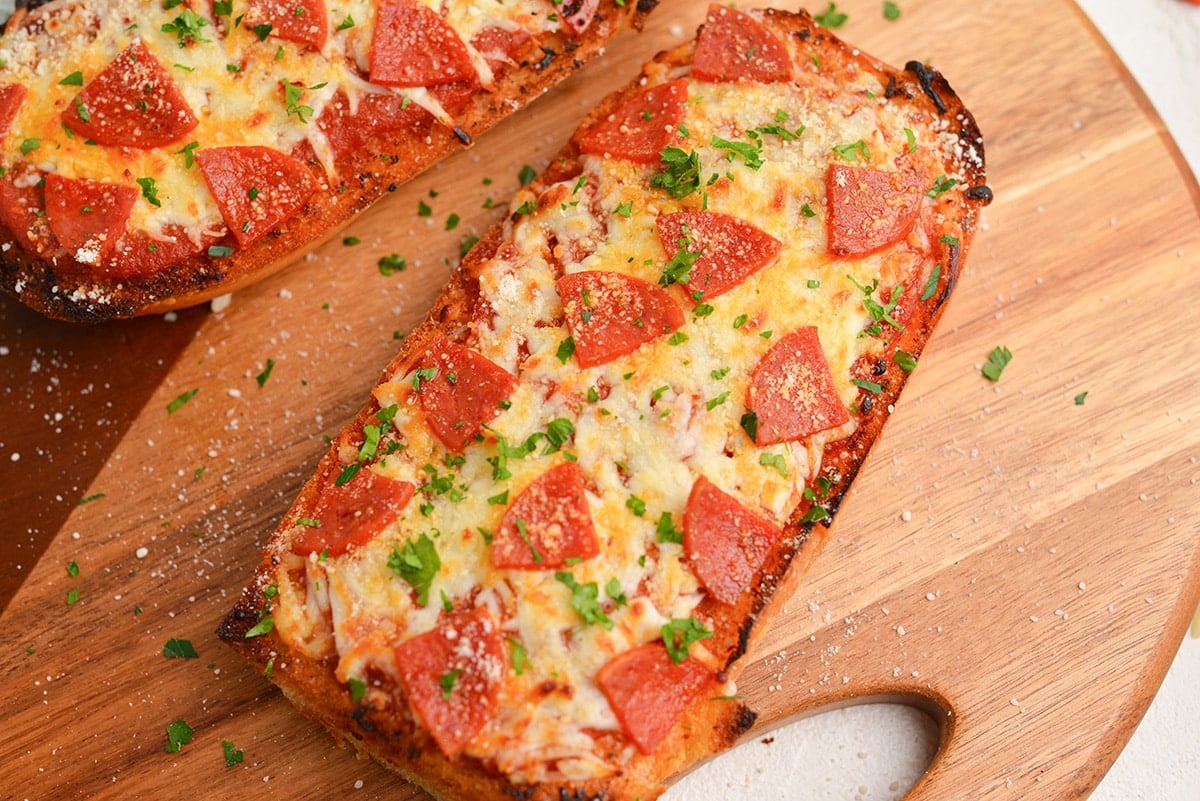 angled shot of french bread pizza
