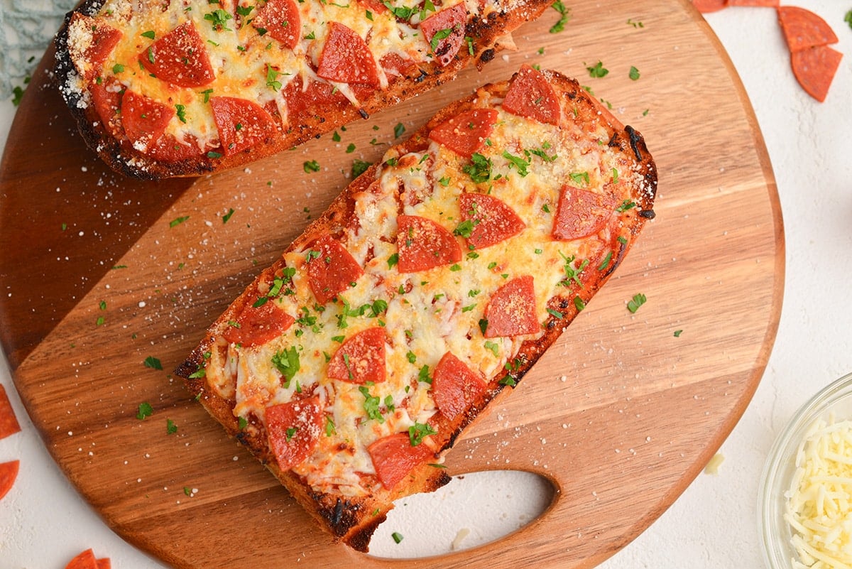 close up overhead shot of french bread pizza