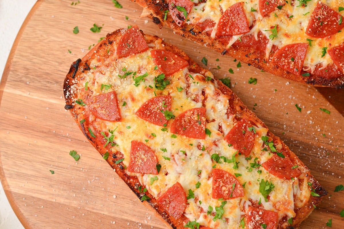 overhead shot of french bread pizza