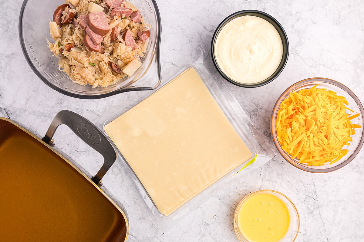 overhead shot of german egg roll ingredients