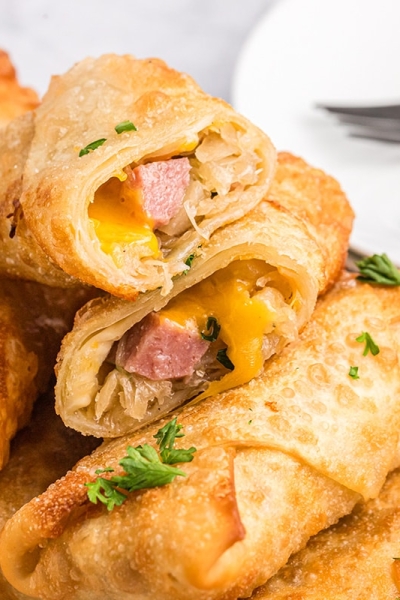 angled shot of german egg rolls on plate