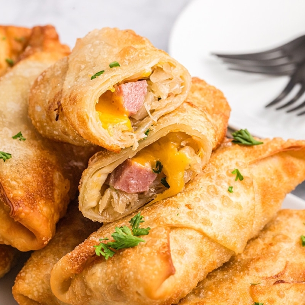 angled shot of german egg rolls on plate