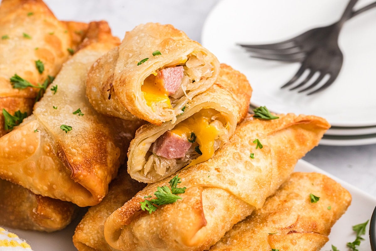 angled shot of german egg rolls on plate