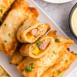 overhead shot of tray of german egg rolls