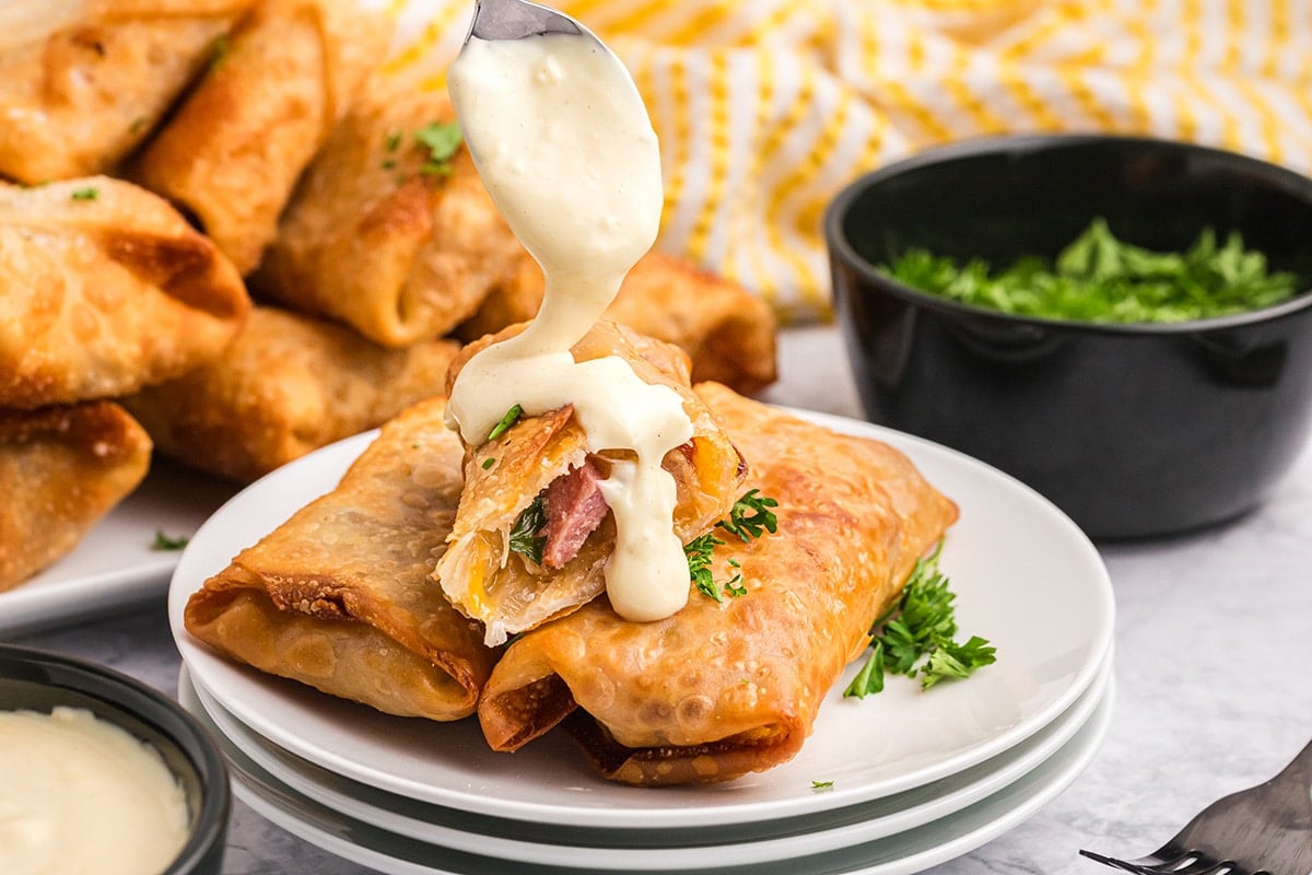 sauce spooned onto three egg rolls