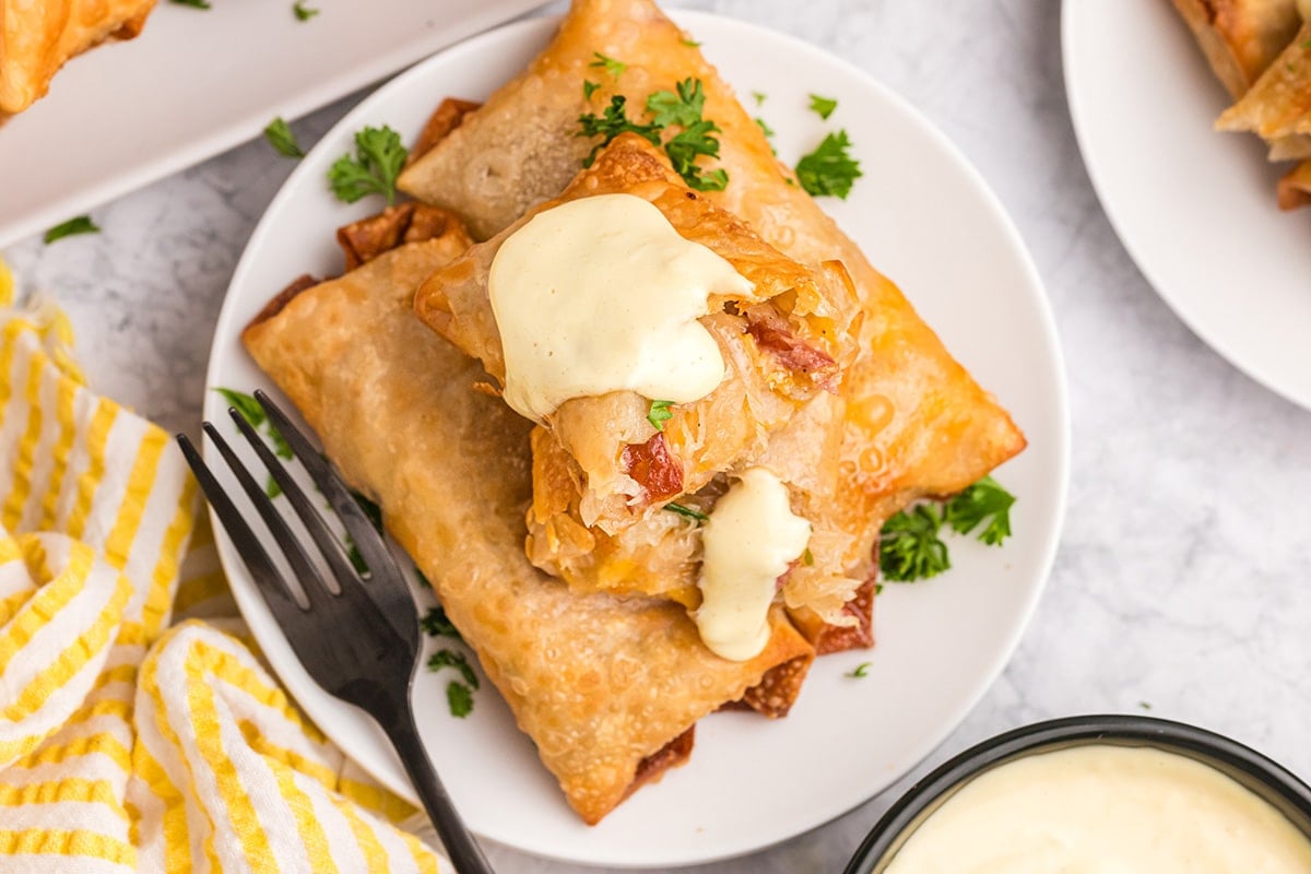 overhead shot of plate of german egg rolls topped with sauce