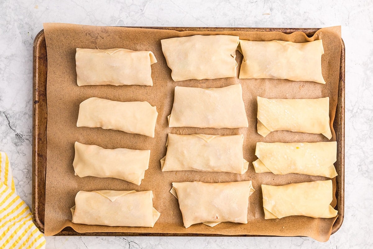 raw egg rolls on a tray