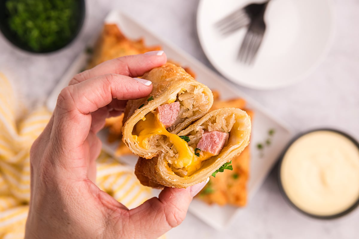 hand holding german egg roll cut in half