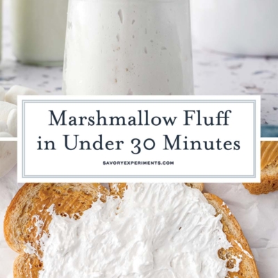 homemade marshmallow fluff in a jar and on a fluffernutter sandwich