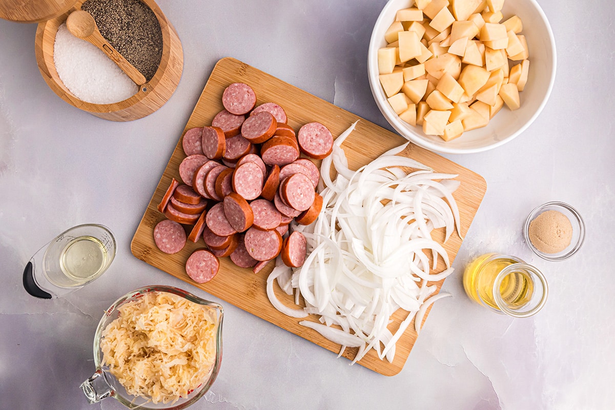 overhead shot of pork and sauerkraut ingredients