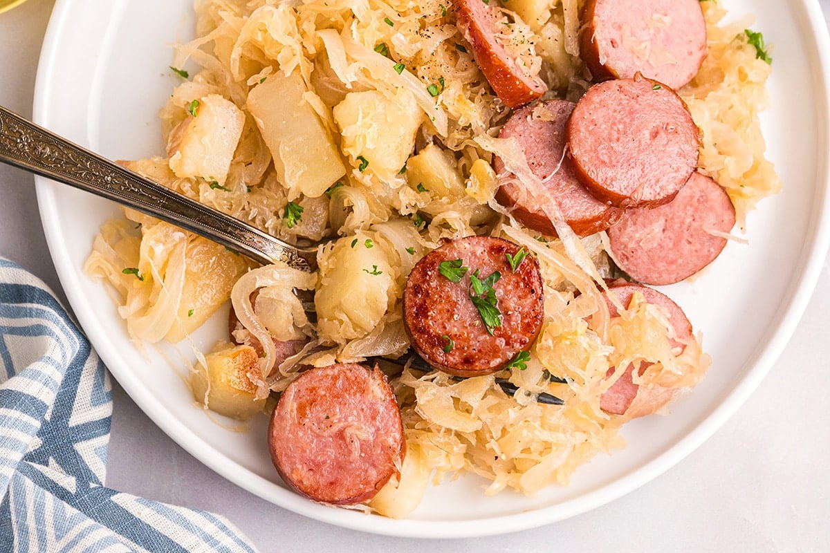 overhead shot of fork in plate of pork and sauerkraut