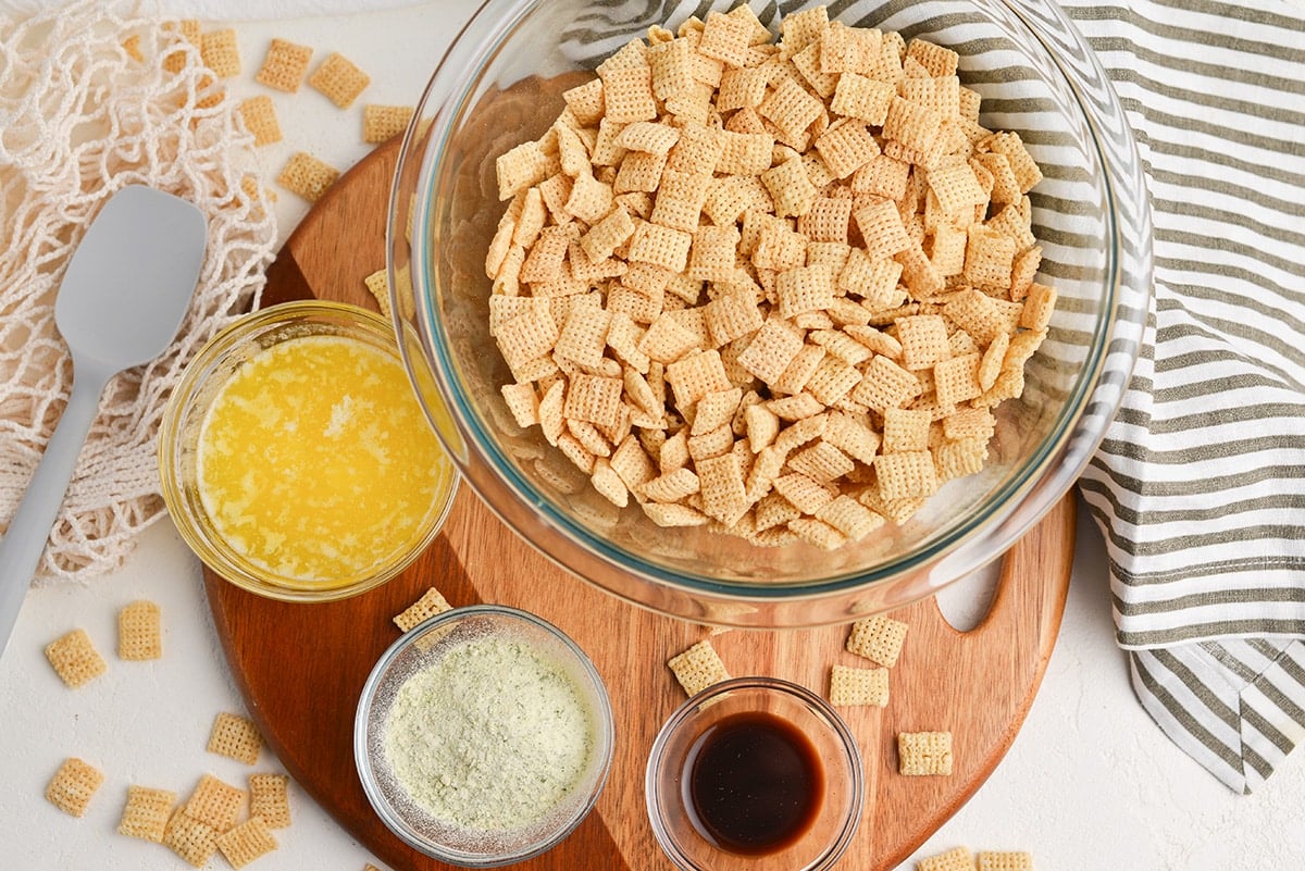 overhead shot of ranch chex mix ingredients