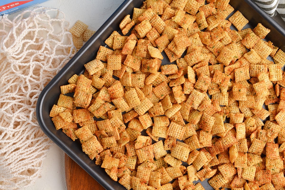 baked ranch chex mix on a sheet pan