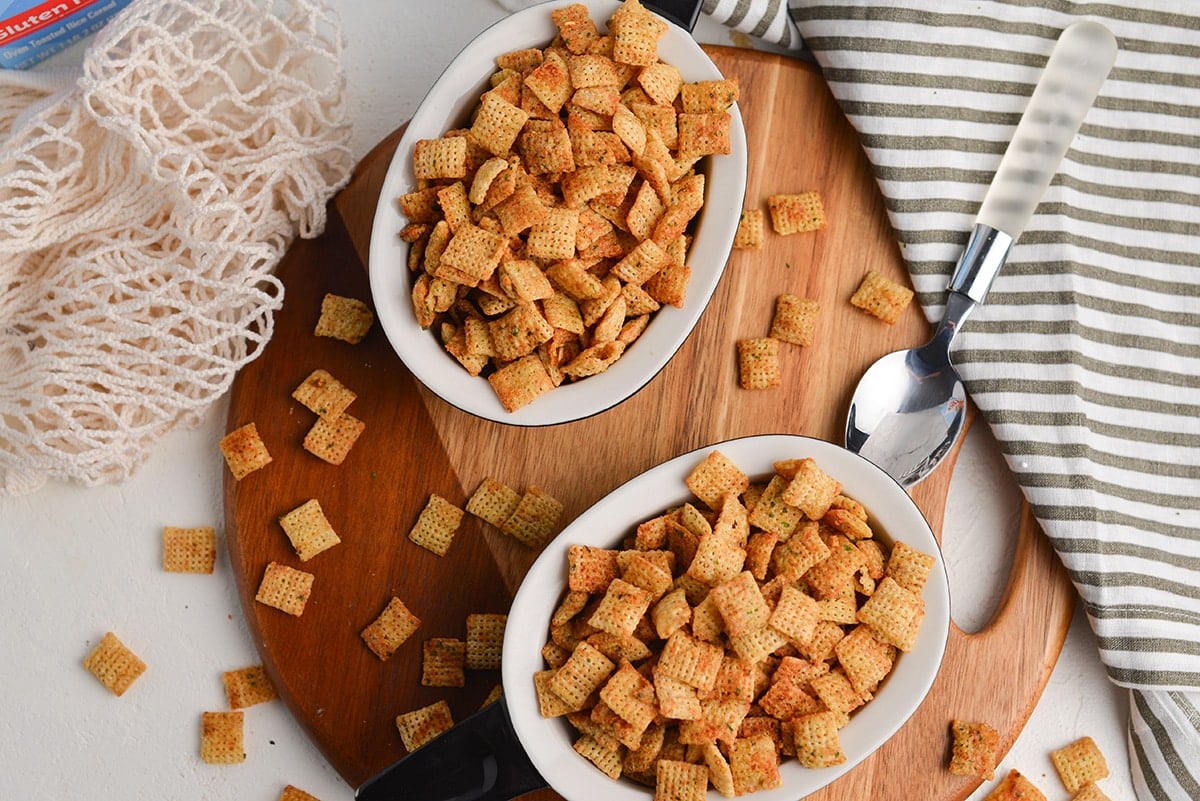 overhead shot of two bowls of ranch chex mix