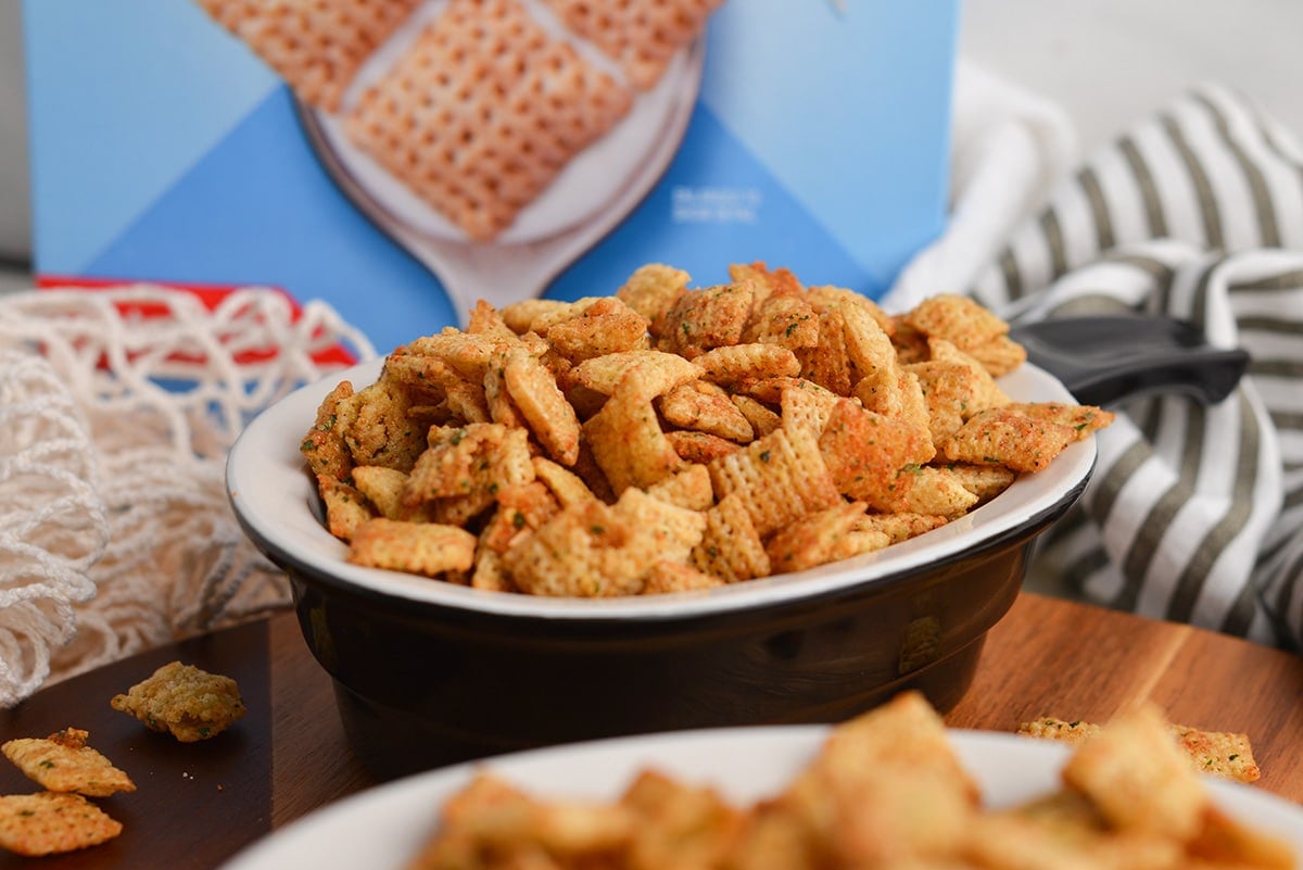 angled shot of bowl of ranch chex mix