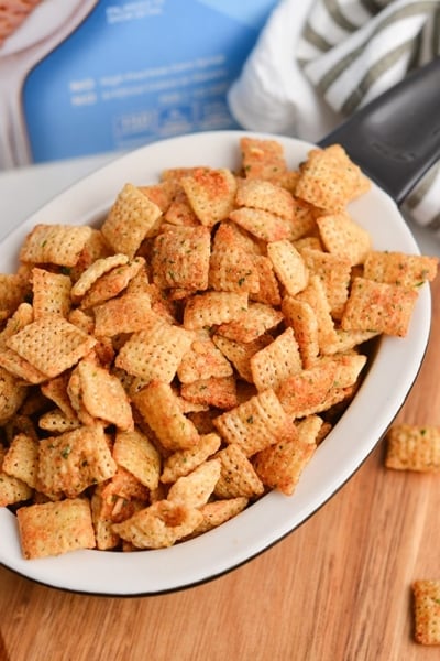 overhead shot of bowl of ranch chex mix