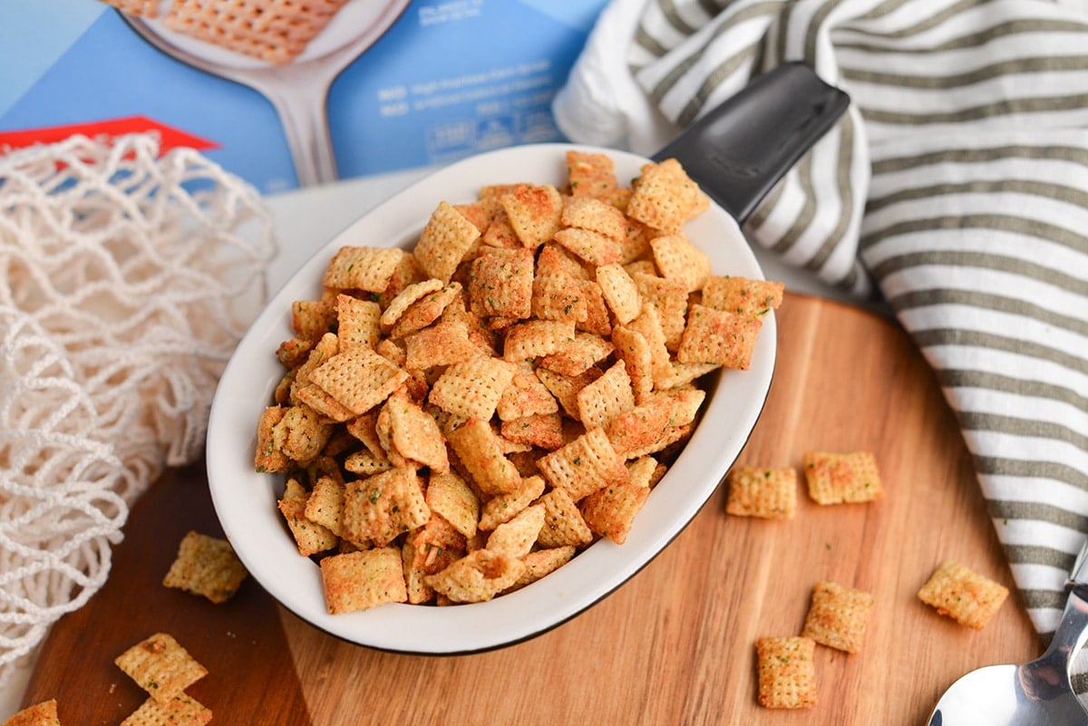 overhead shot of bowl of ranch chex mix
