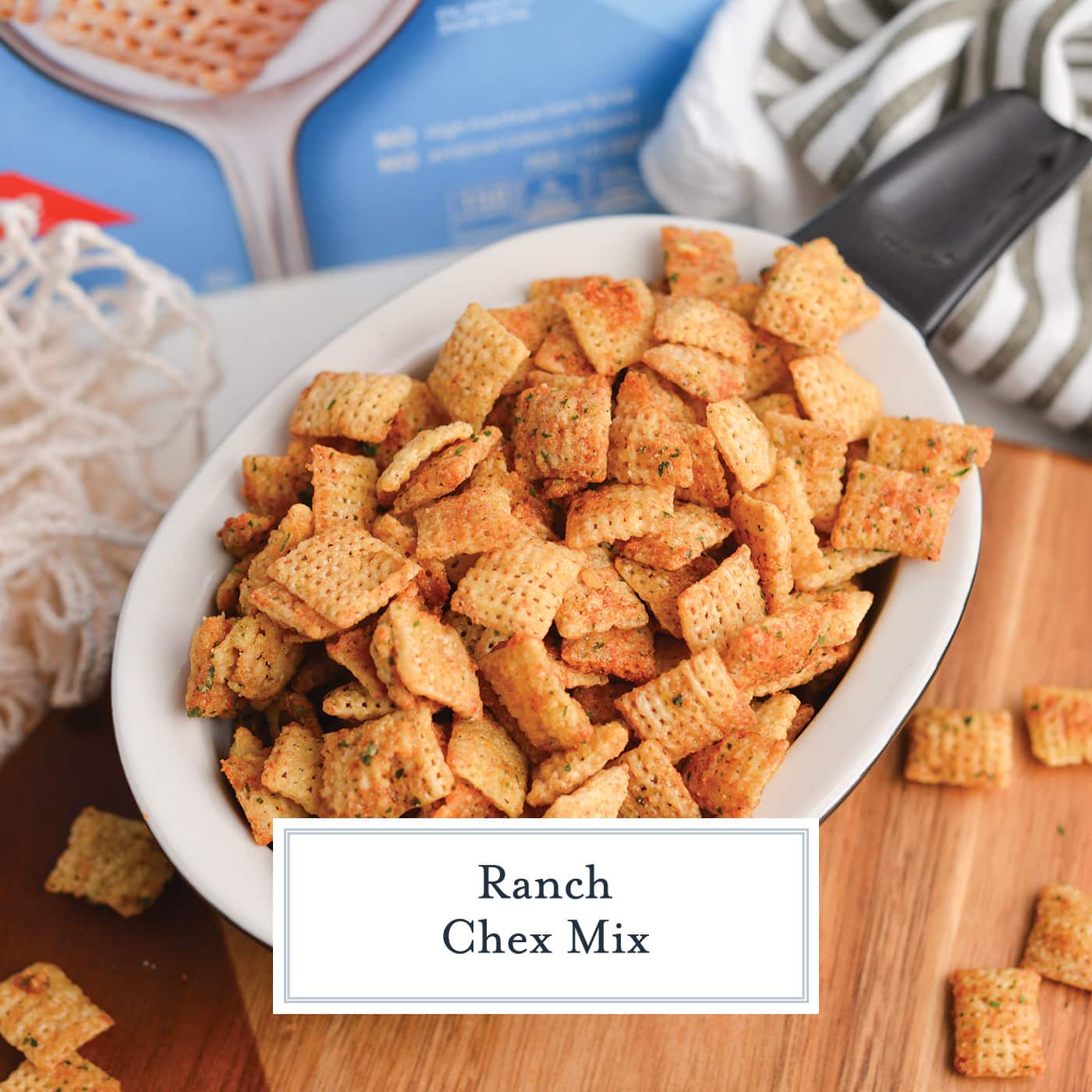 angled shot of bowl of ranch chex mix with text overlay for facebook