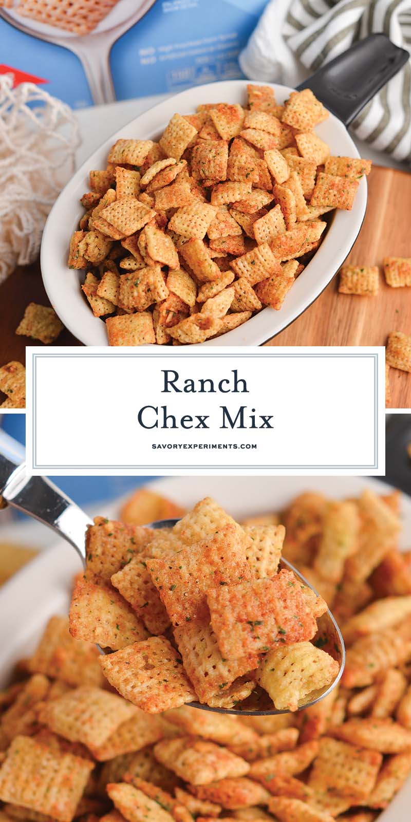 collage of ranch chex mix