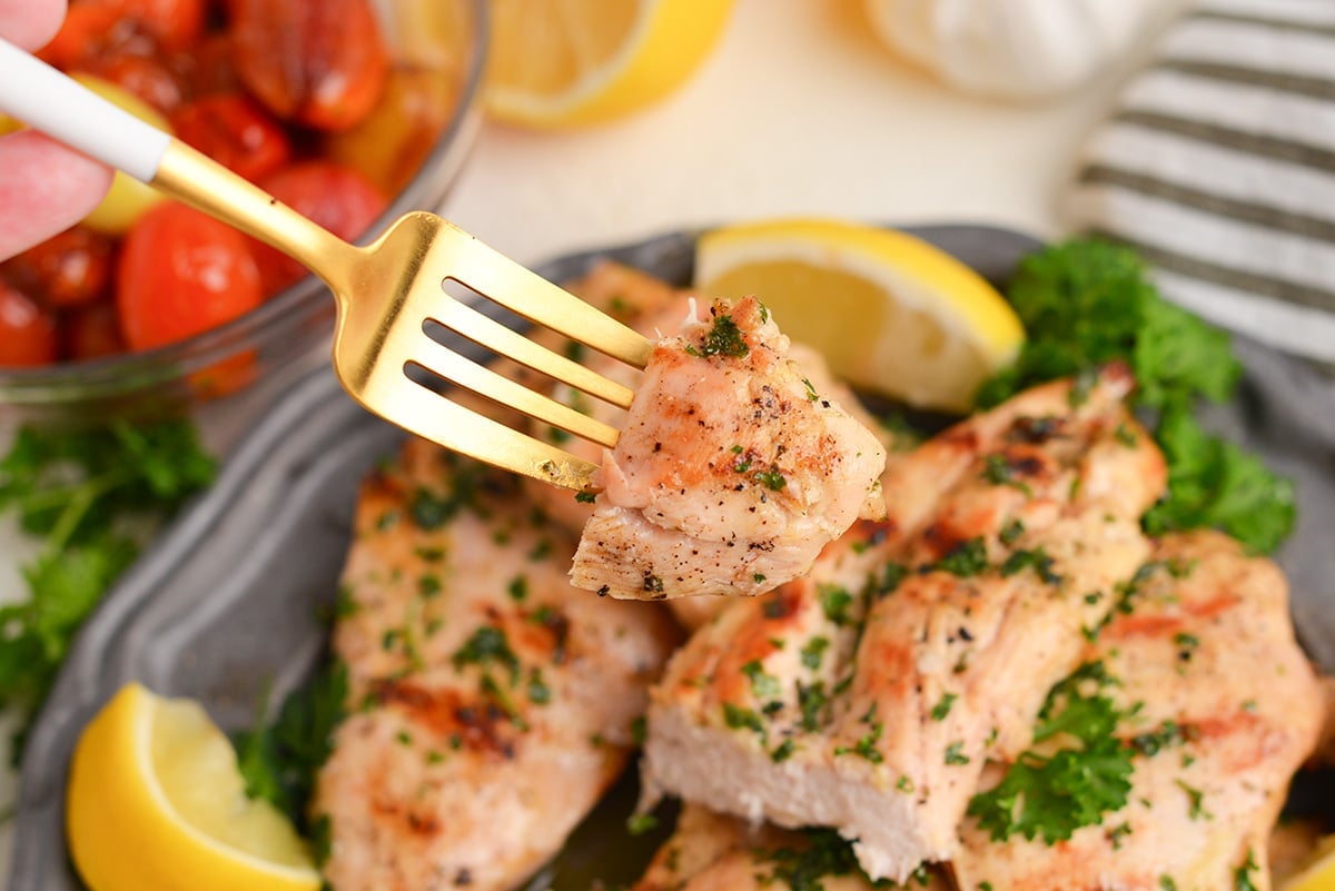 bite of ranch grilled chicken on a fork