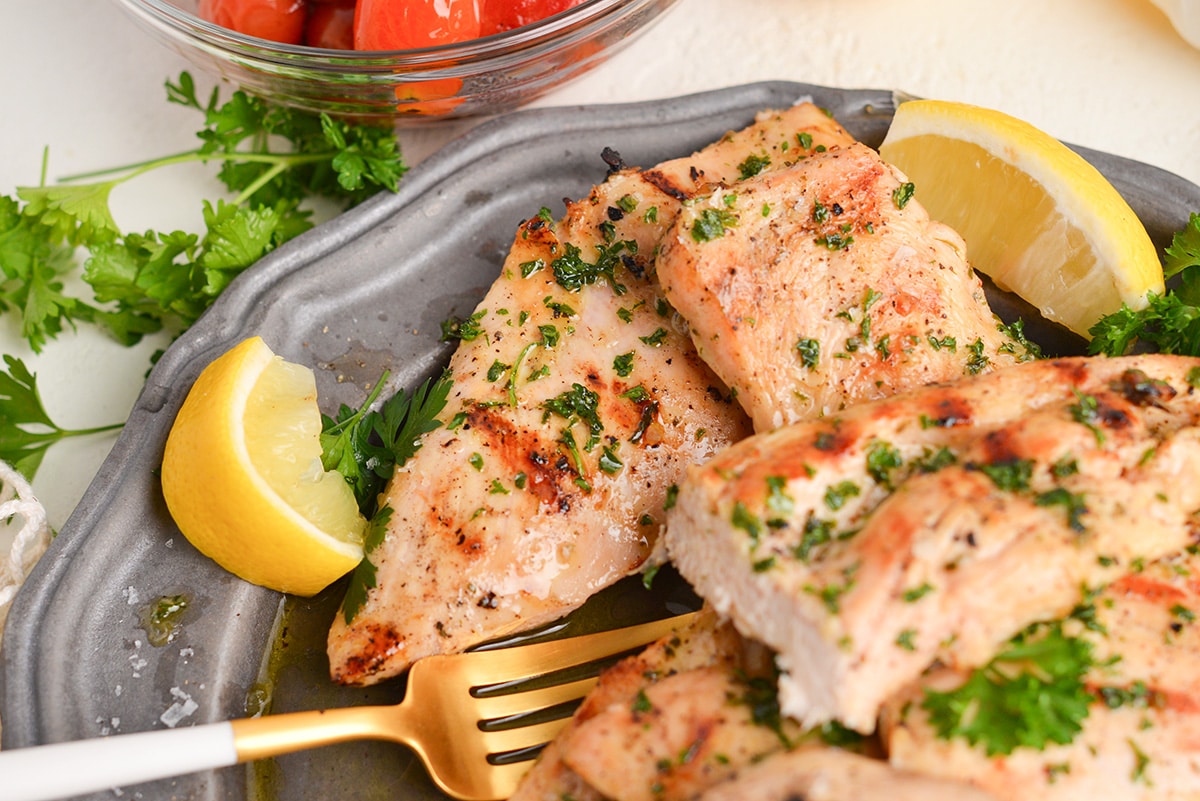 piece of grilled chicken cut on a plate