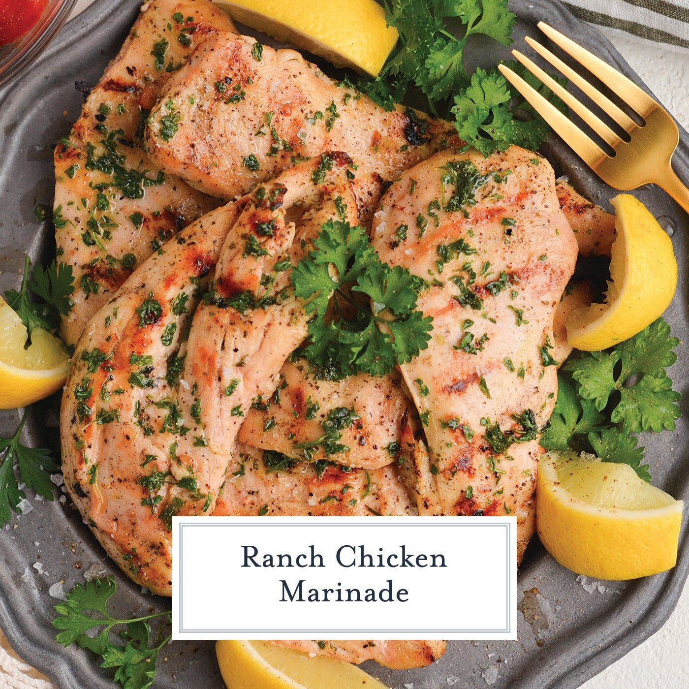 plate of ranch chicken with text overlay for facebook