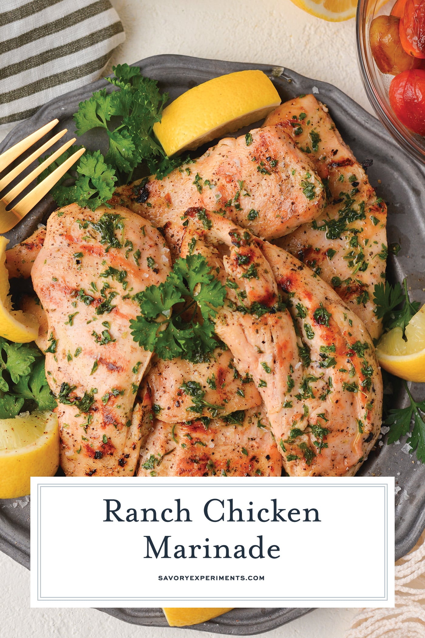 ranch grilled chicken on a plate with text overlay for pinterest