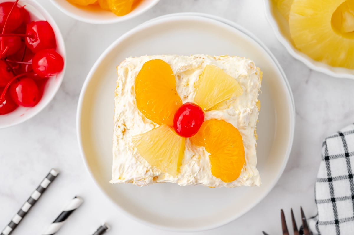 overhead shot of slice of pineapple cake on plate