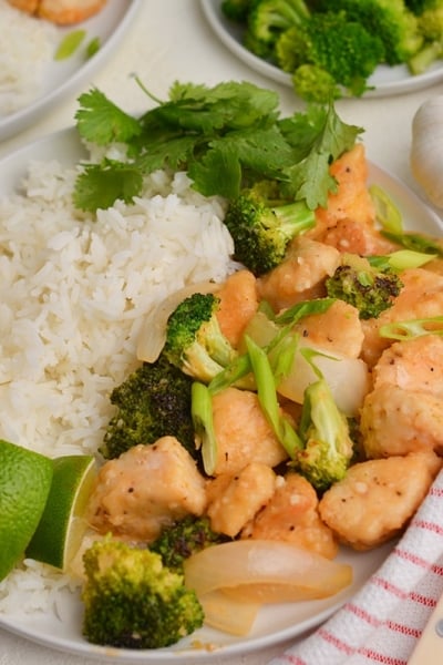 thai coconut chicken with white rice, limes and fresh cilantro on a white plate