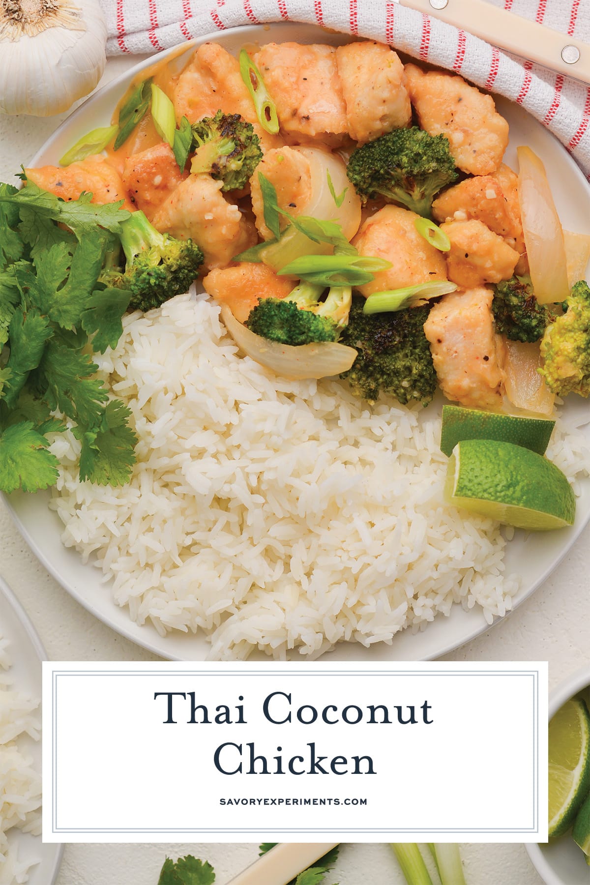 close up of thai coconut chicken recipe with text overlay for pinterest