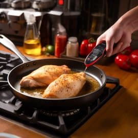 checking chicken breasts in a skillet for doneness