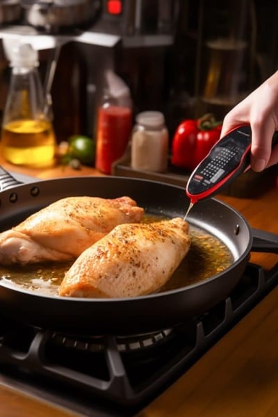 checking chicken breasts in a skillet for doneness