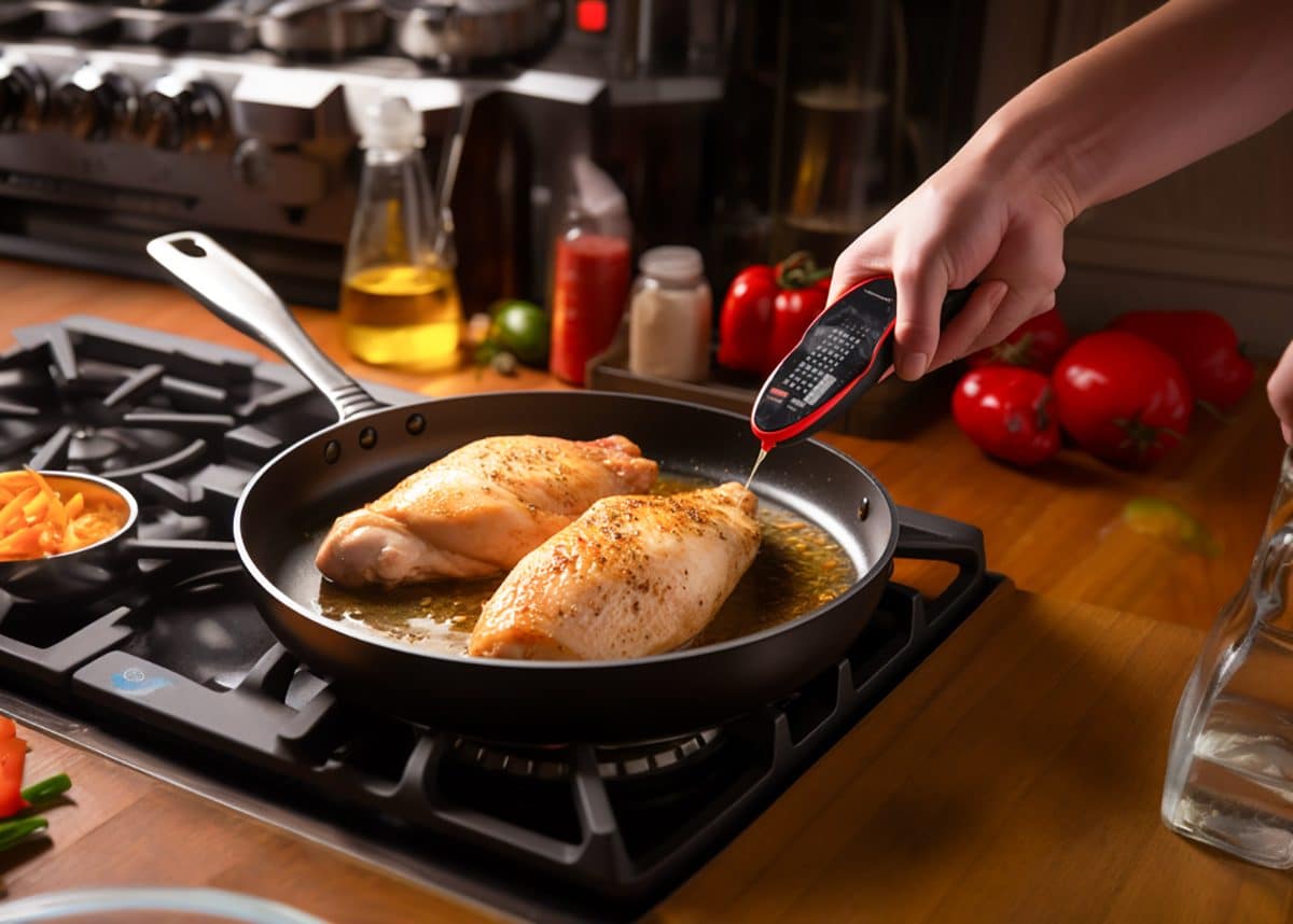 checking chicken breasts in a skillet for doneness