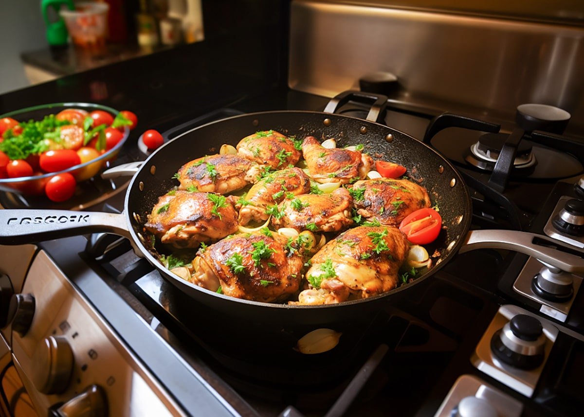 chicken thighs cooking in a skillet
