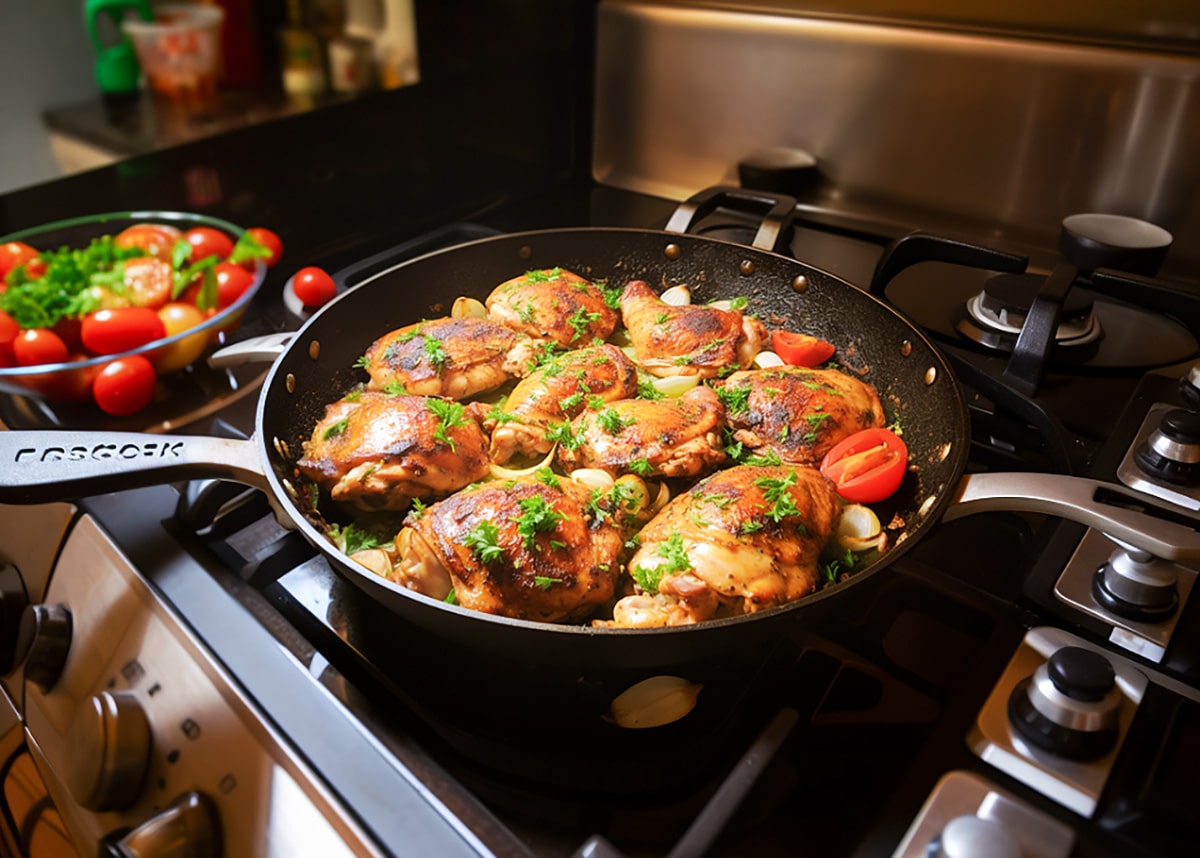 chicken thighs cooking in a skillet