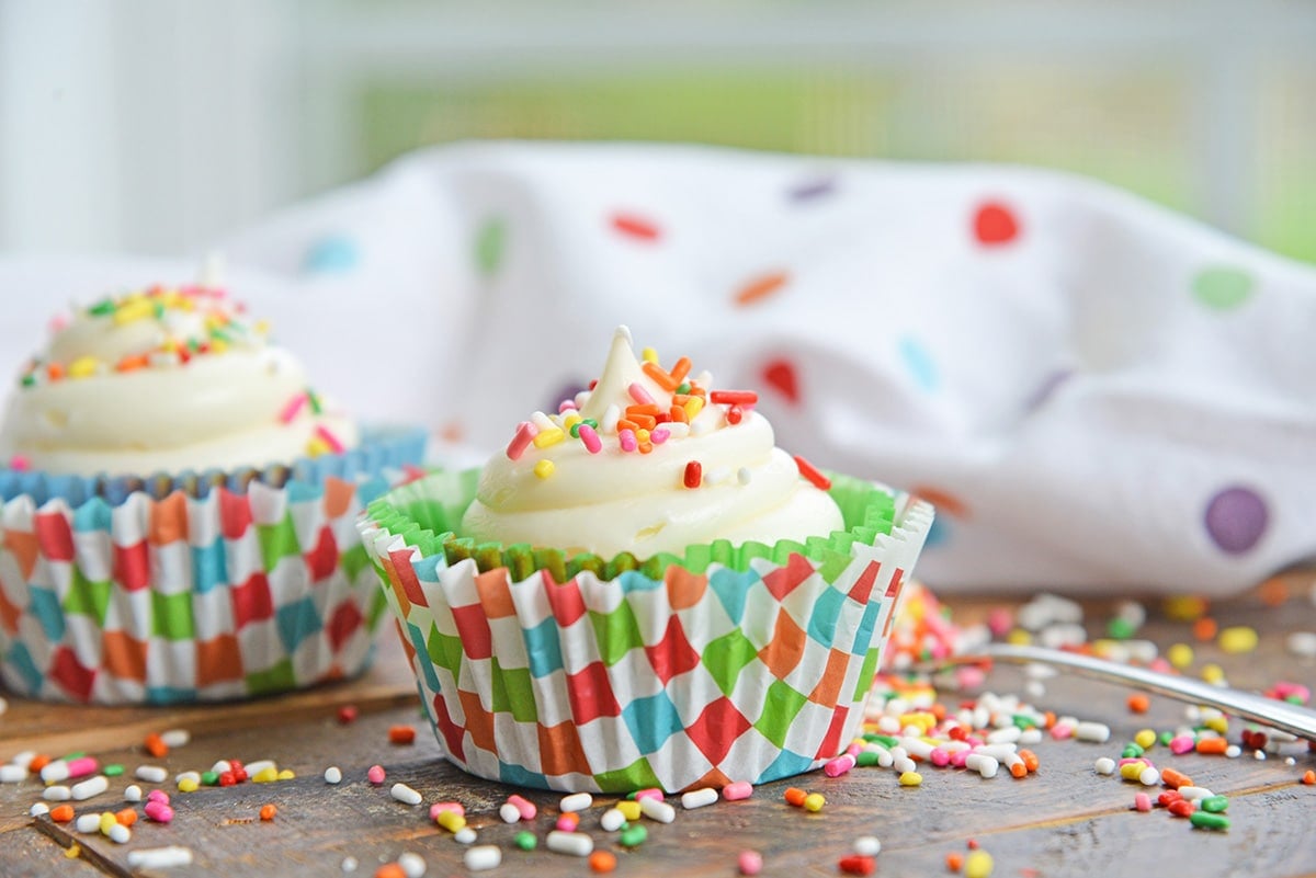 head-on view of cupcakes with checkered liner