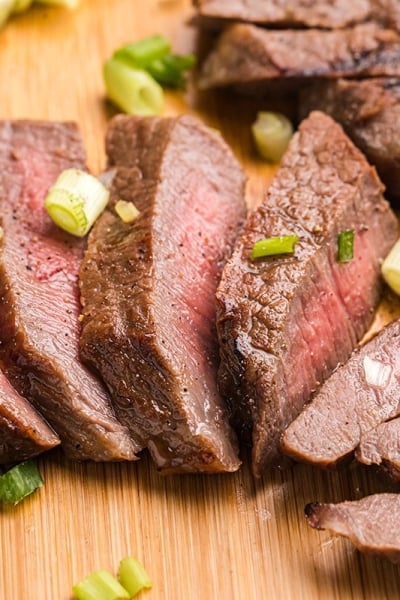 close up angled shot of sliced asian steak